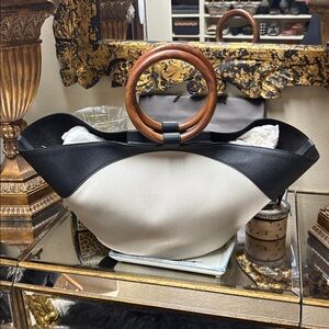 The Row Black Textured Bag with Wooden Handles